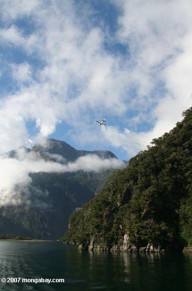 Airplane flying over Milford Sound